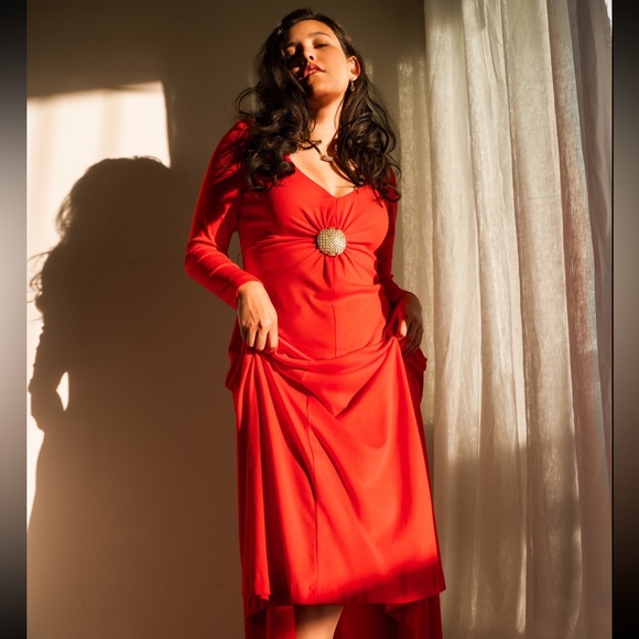 70s vintage Blood Orange Gold Medallion Gown - Picture 9 of 10